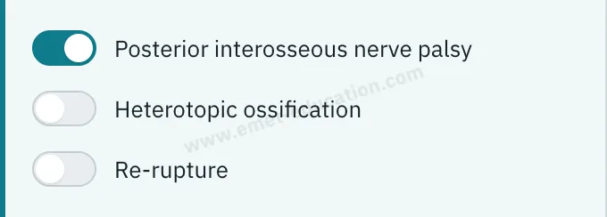 Model panel: “Course & risks” section, posterior interosseous nerve palsy on.