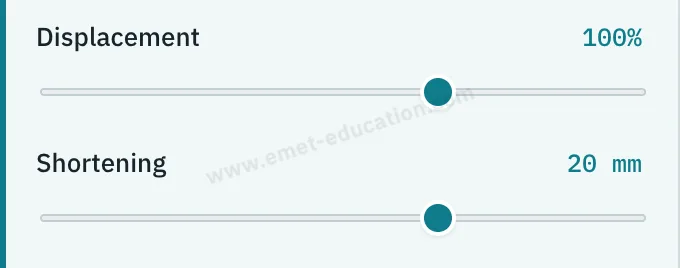 Model sliders: displacement at 100% of the shaft width, 20 mm shortening.