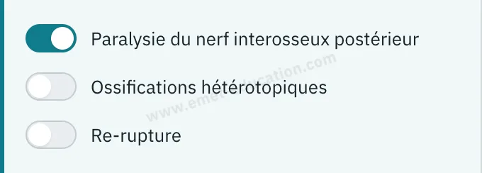 Panneau du modèle : volet « Évolution et risques », paralysie du nerf interosseux postérieur activée.