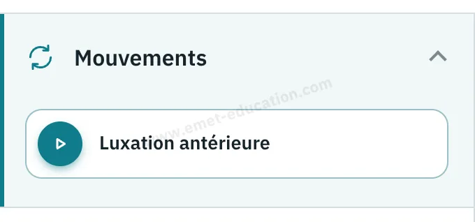 Panneau du modèle : volet « Mouvements », bouton « Luxation antérieure ».